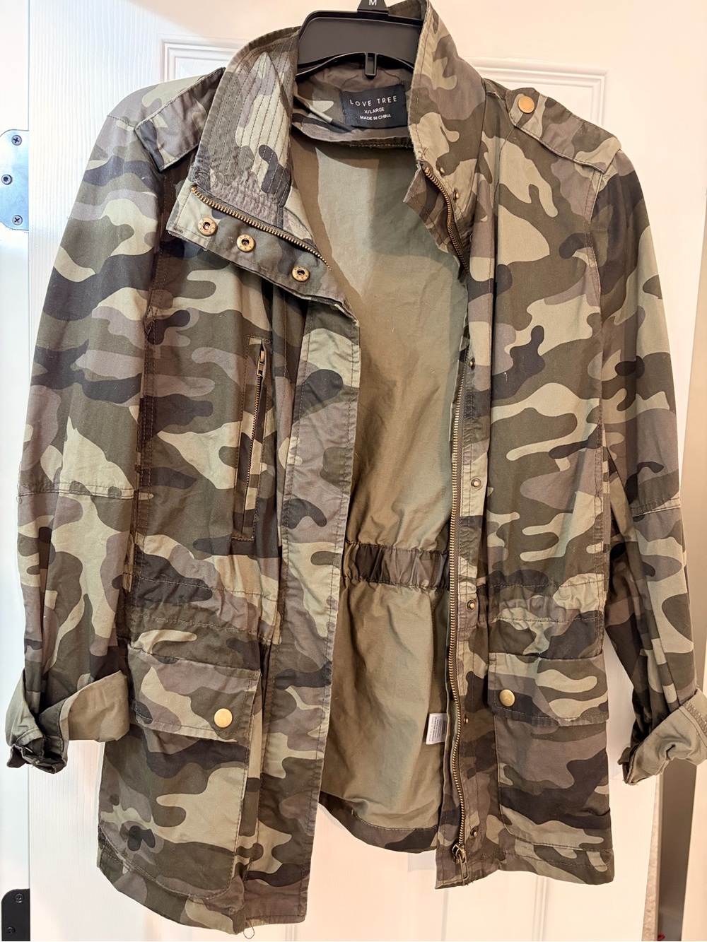 Love Tree Olive & Brown Camo Field Jacket with synched waist